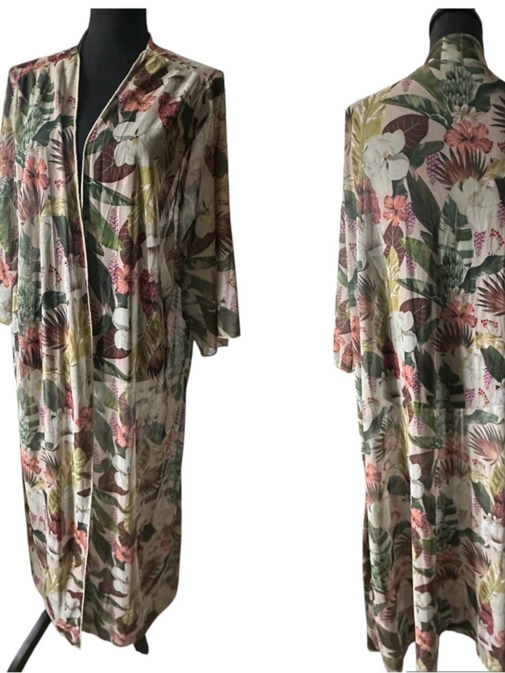 Floral Tropical Long Sheer Kimono Duster- Pink & Green